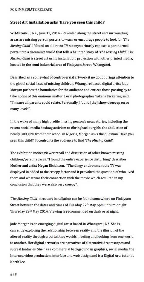 Missing Child Street Art Exhibition by Jade Morgan Press release